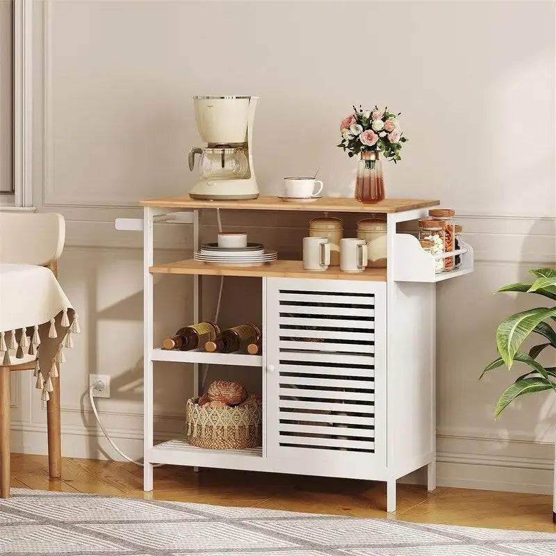 Meuble de Bar à Café Îlot de Cuisine à 4 Niveaux avec Porte Persienne Dessus en Bois Naturel Blanc