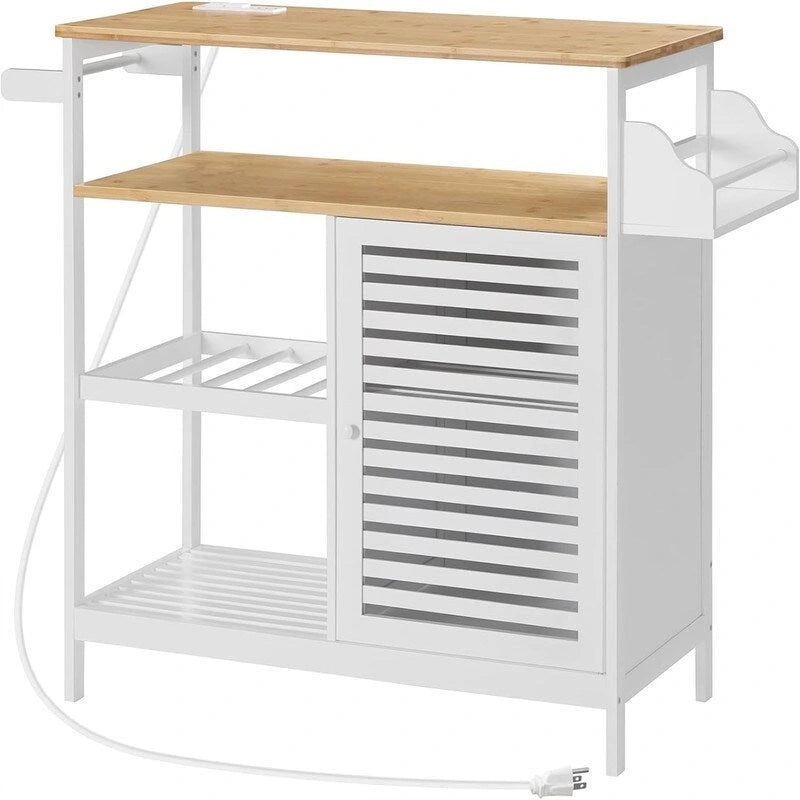 Meuble de Bar à Café Îlot de Cuisine à 4 Niveaux avec Porte Persienne Dessus en Bois Naturel Blanc