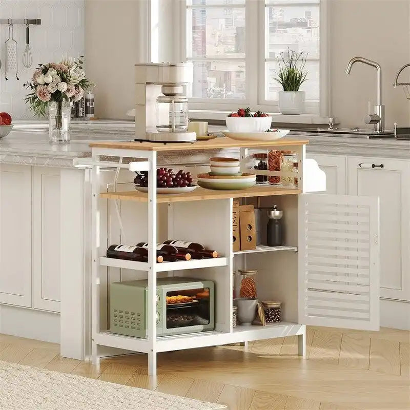 Meuble de Bar à Café Îlot de Cuisine à 4 Niveaux avec Porte Persienne Dessus en Bois Naturel Blanc