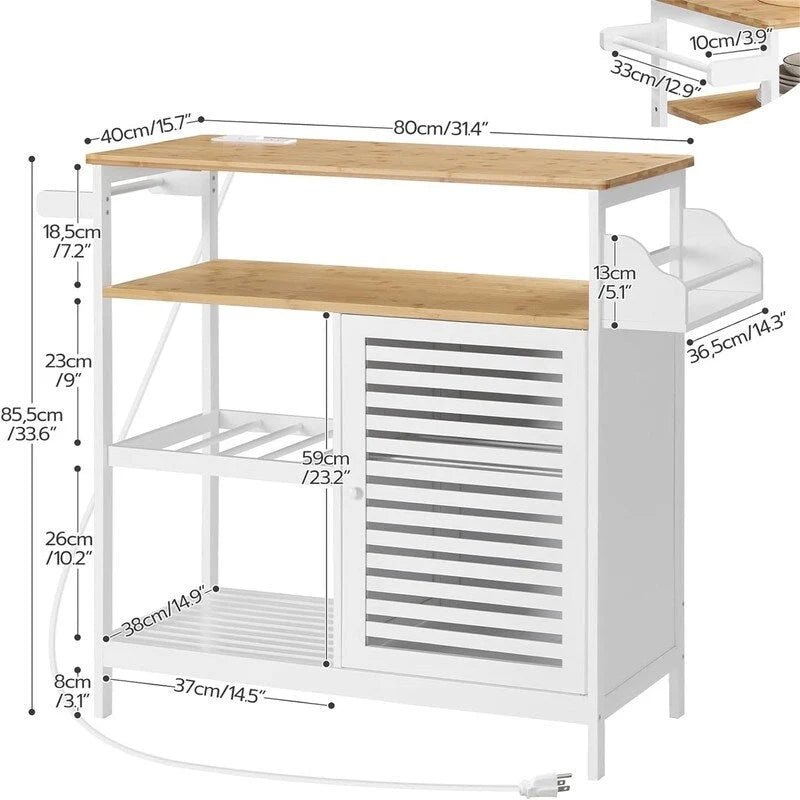 Meuble de Bar à Café Îlot de Cuisine à 4 Niveaux avec Porte Persienne Dessus en Bois Naturel Blanc