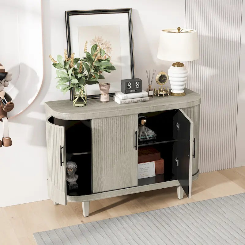 Meuble de rangement buffet incurvé cannelé avec étagères réglables Bleu Champagne