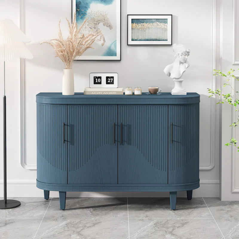 Meuble de rangement buffet incurvé cannelé avec étagères réglables Bleu Champagne