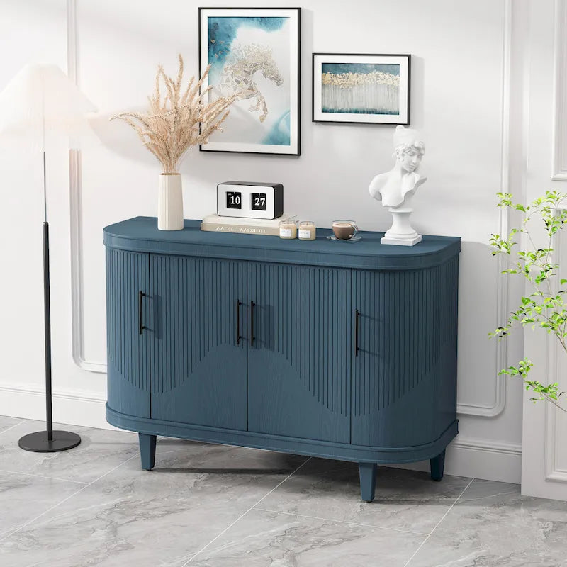 Meuble de rangement buffet incurvé cannelé avec étagères réglables Bleu Champagne