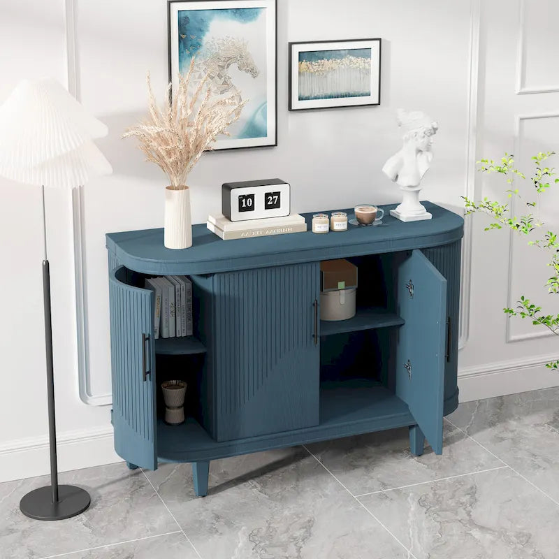 Meuble de rangement buffet incurvé cannelé avec étagères réglables Bleu Champagne
