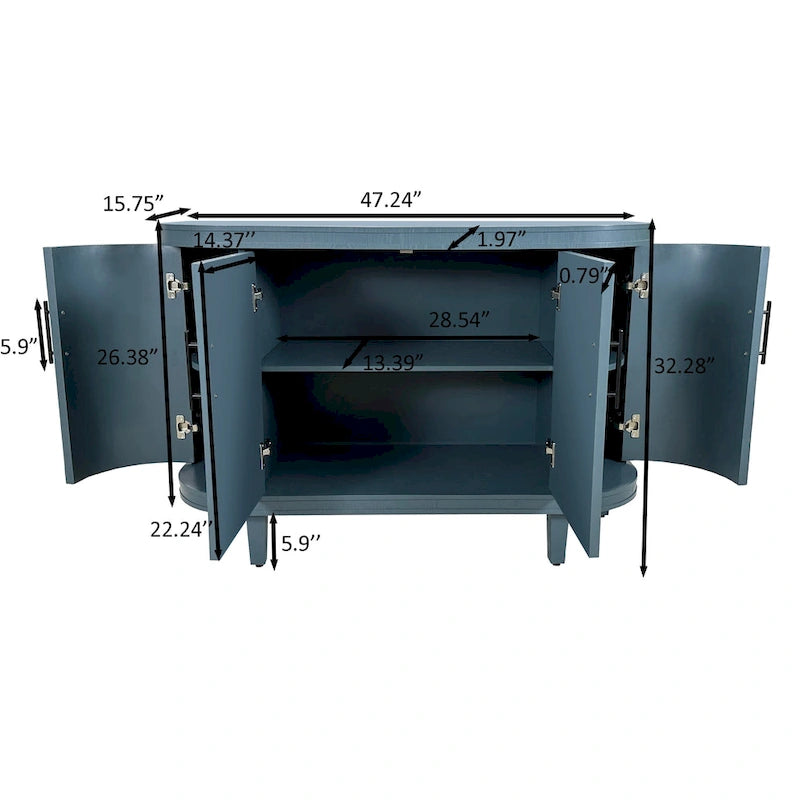 Meuble de rangement buffet incurvé cannelé avec étagères réglables Bleu Champagne