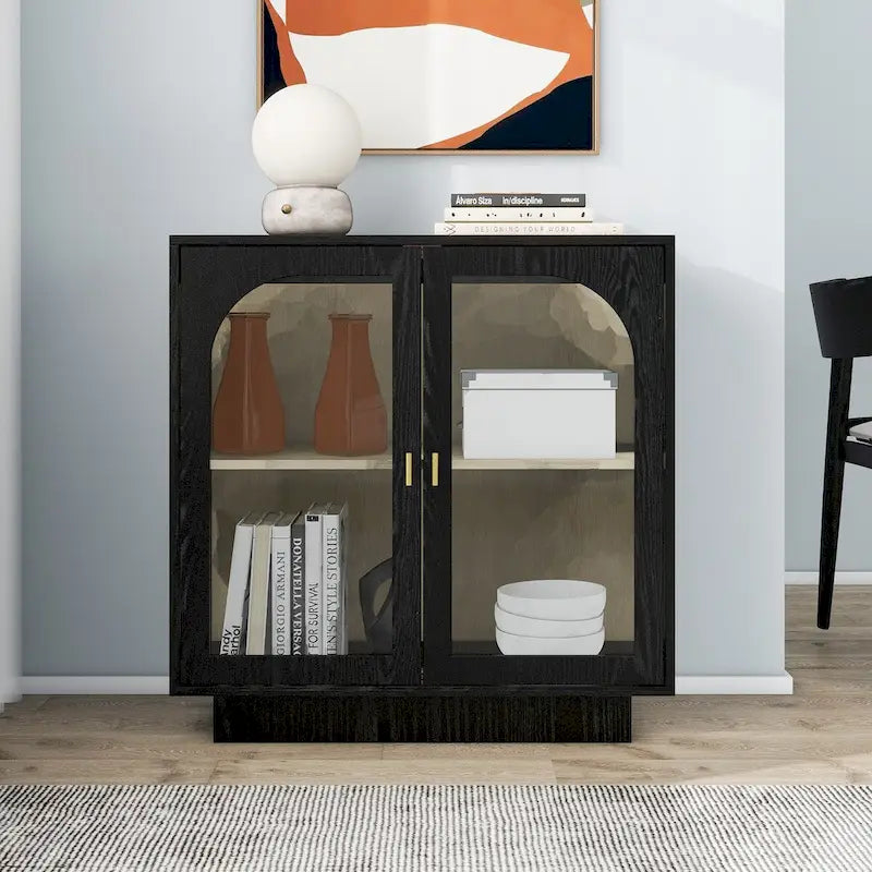 Meuble de rangement avec portes vitrées arquées Étagère réglable Poignées dorées Noir Blanc
