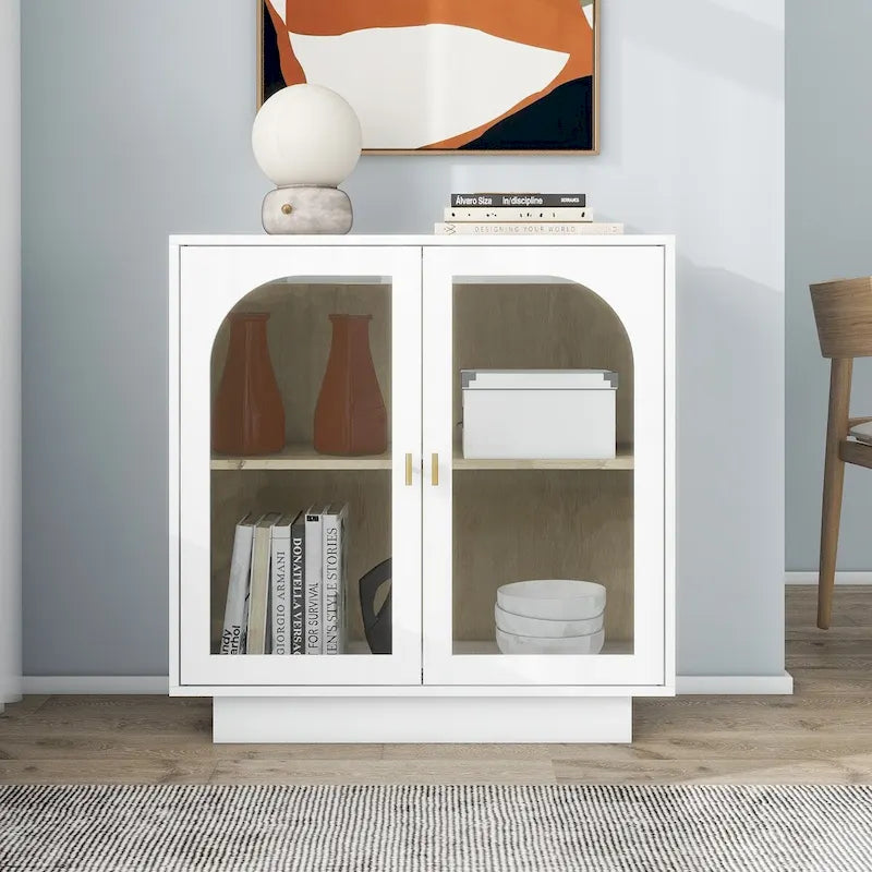 Meuble de rangement avec portes vitrées arquées Étagère réglable Poignées dorées Noir Blanc