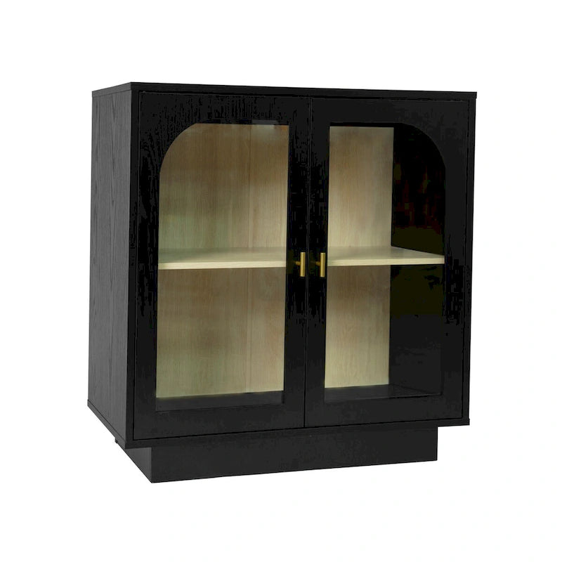 Meuble de rangement avec portes vitrées arquées Étagère réglable Poignées dorées Noir Blanc
