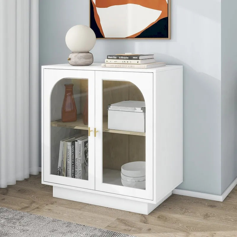 Meuble de rangement avec portes vitrées arquées Étagère réglable Poignées dorées Noir Blanc