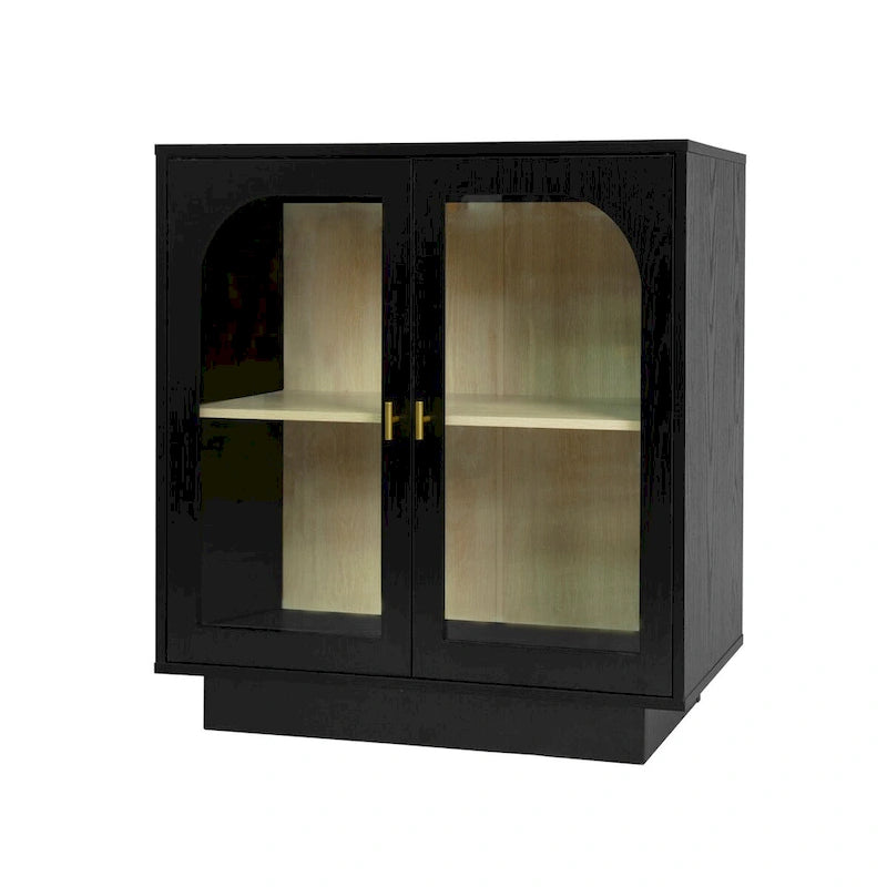 Meuble de rangement avec portes vitrées arquées Étagère réglable Poignées dorées Noir Blanc