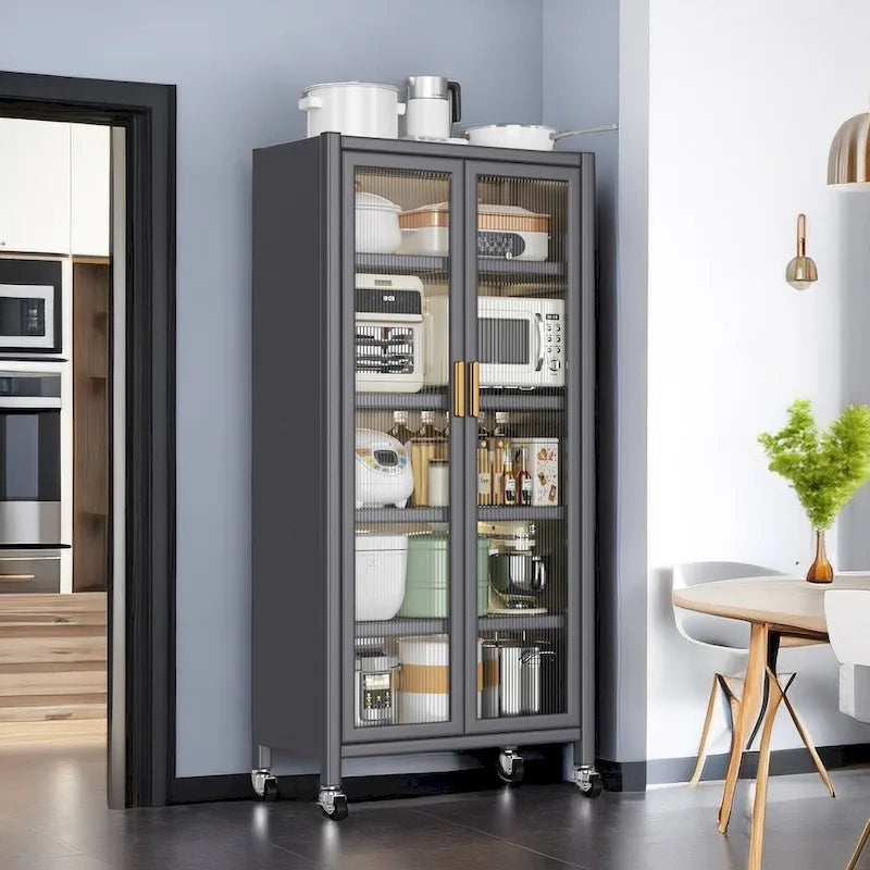 Armoire de rangement de cuisine sur pied grise à double porte avec roulettes