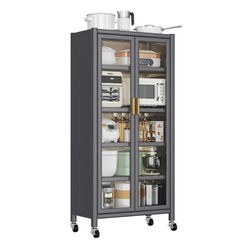 Armoire de rangement de cuisine sur pied grise à double porte avec roulettes