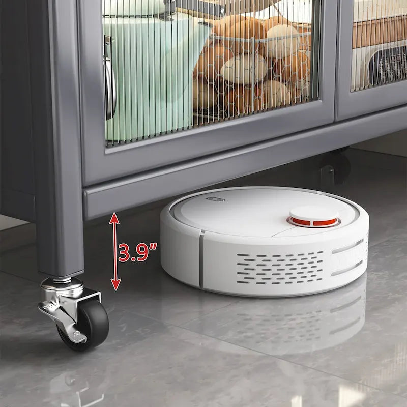 Armoire de rangement de cuisine sur pied grise à double porte avec roulettes
