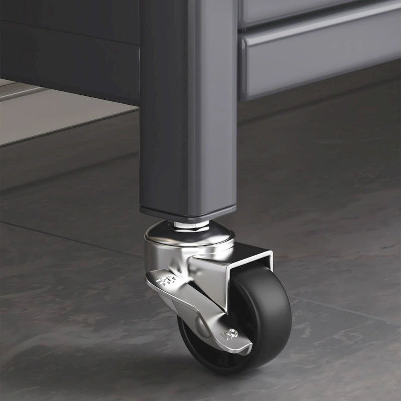 Armoire de rangement de cuisine sur pied grise à double porte avec roulettes