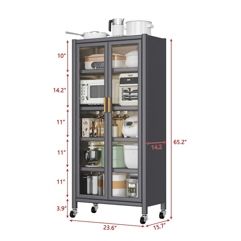Armoire de rangement de cuisine sur pied grise à double porte avec roulettes