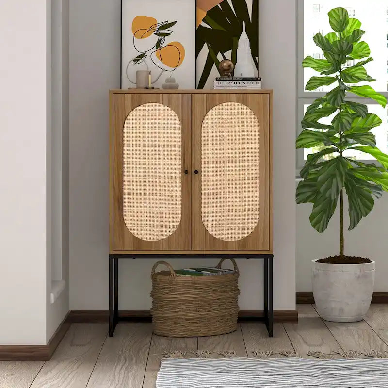 Meuble de rangement en rotin à deux portes avec étagère réglable et cadre en métal