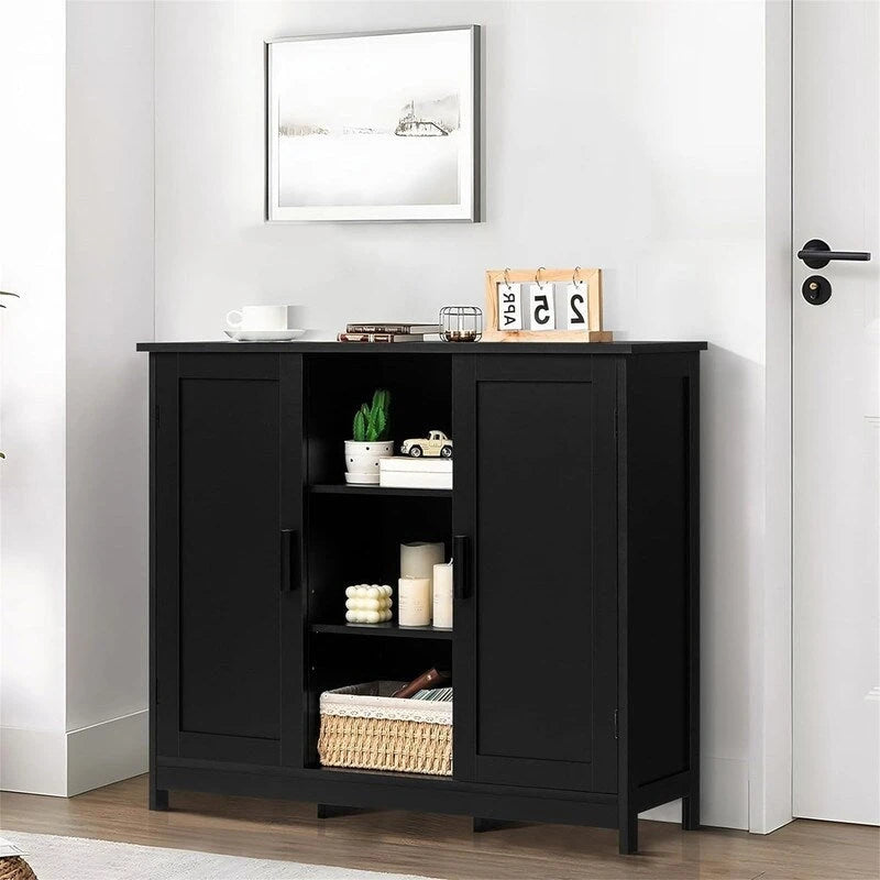 Meuble de rangement autoportant avec deux portes et des étagères ouvertes, multicolore