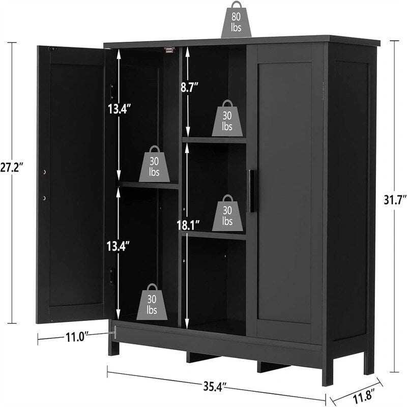 Meuble de rangement autoportant avec deux portes et des étagères ouvertes, multicolore
