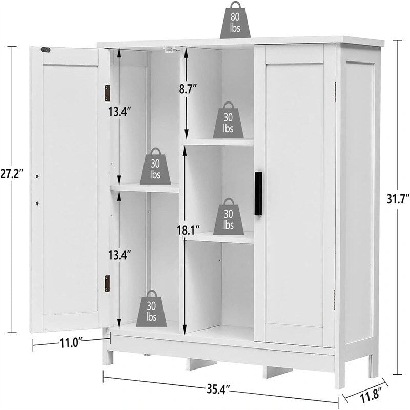 Meuble de rangement autoportant avec deux portes et des étagères ouvertes, multicolore
