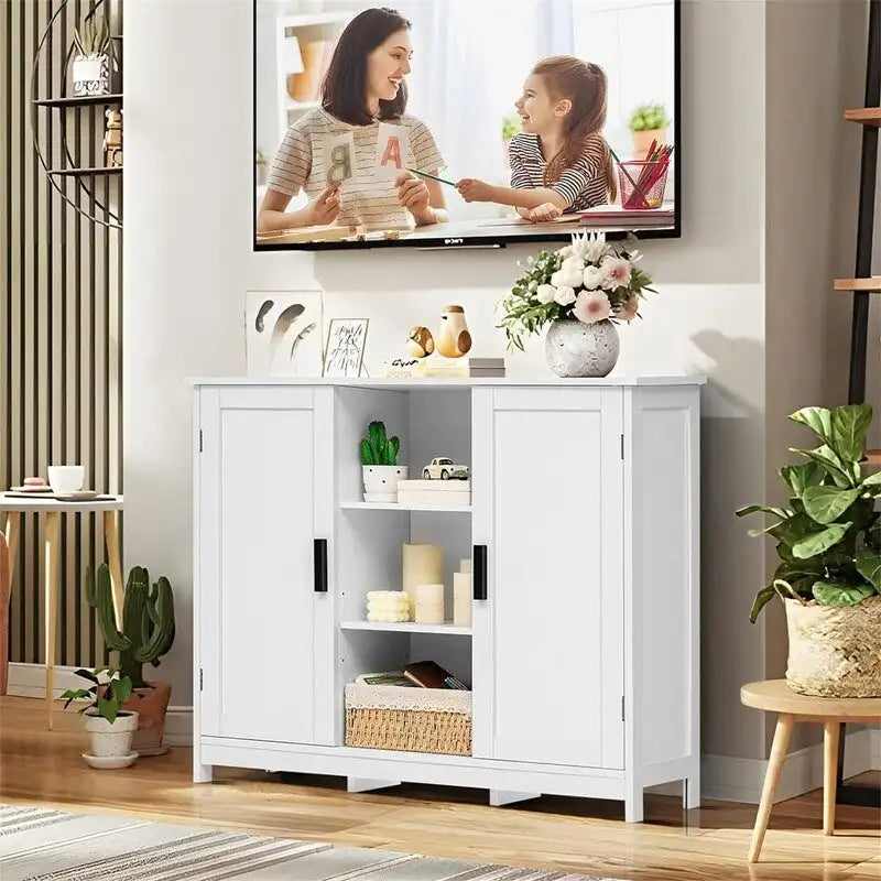Meuble de rangement autoportant avec deux portes et des étagères ouvertes, multicolore