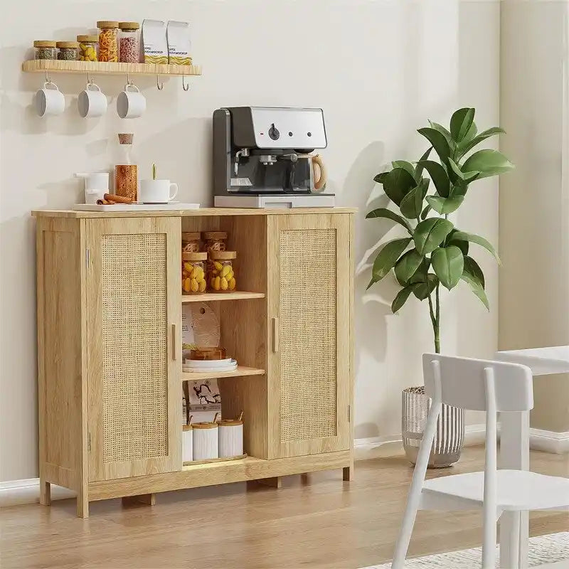 Meuble de rangement autoportant avec deux portes et des étagères ouvertes, multicolore