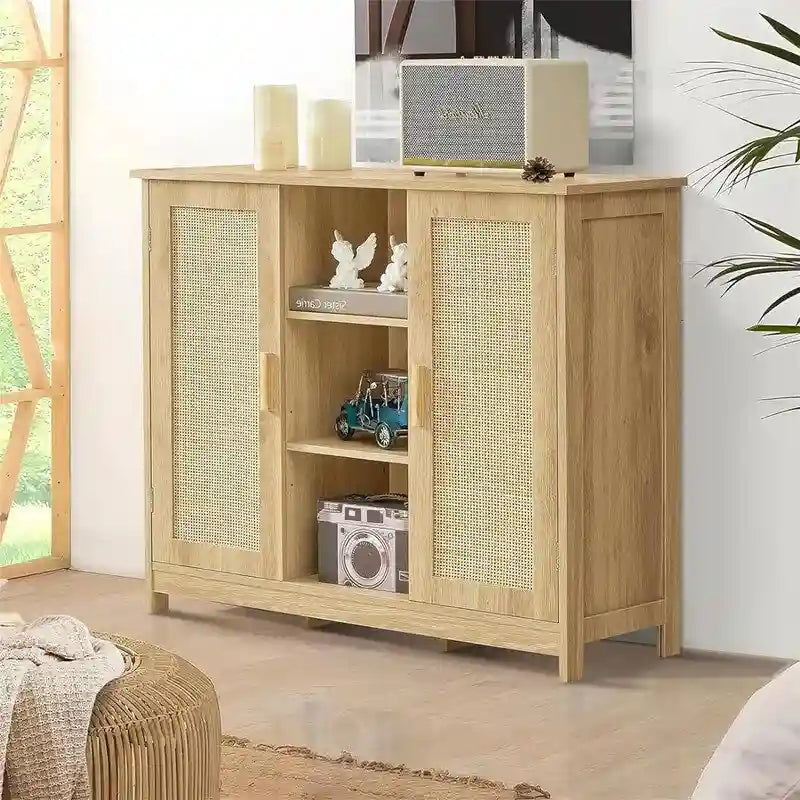 Meuble de rangement autoportant avec deux portes et des étagères ouvertes, multicolore