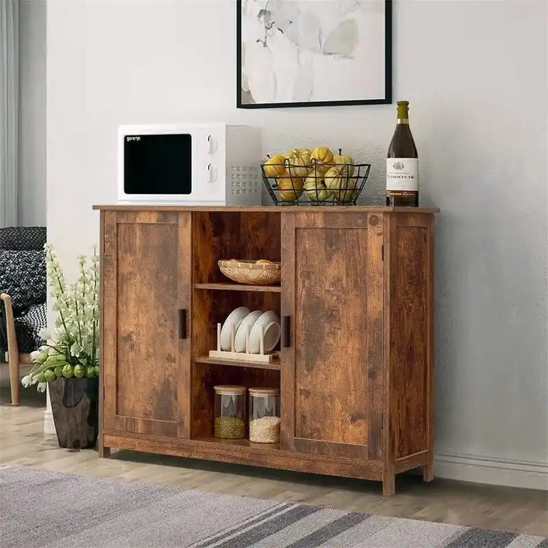 Meuble de rangement autoportant avec deux portes et des étagères ouvertes, multicolore