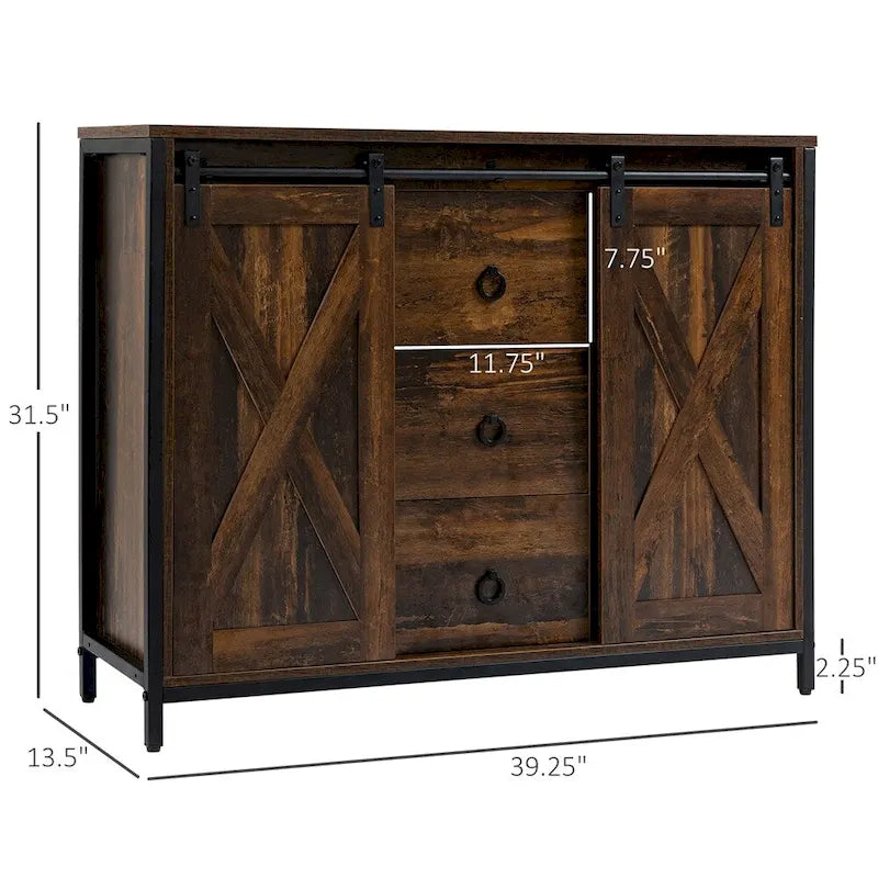 Buffet rustique marron de style ferme avec portes coulissantes façon grange et tiroirs