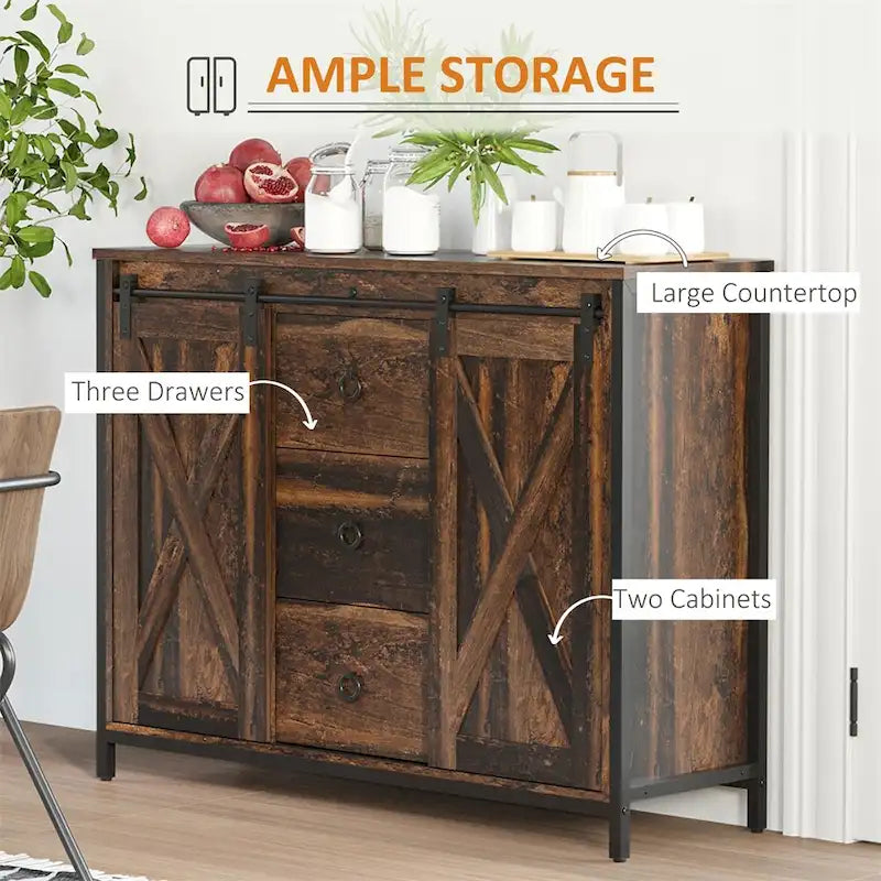 Buffet rustique marron de style ferme avec portes coulissantes façon grange et tiroirs