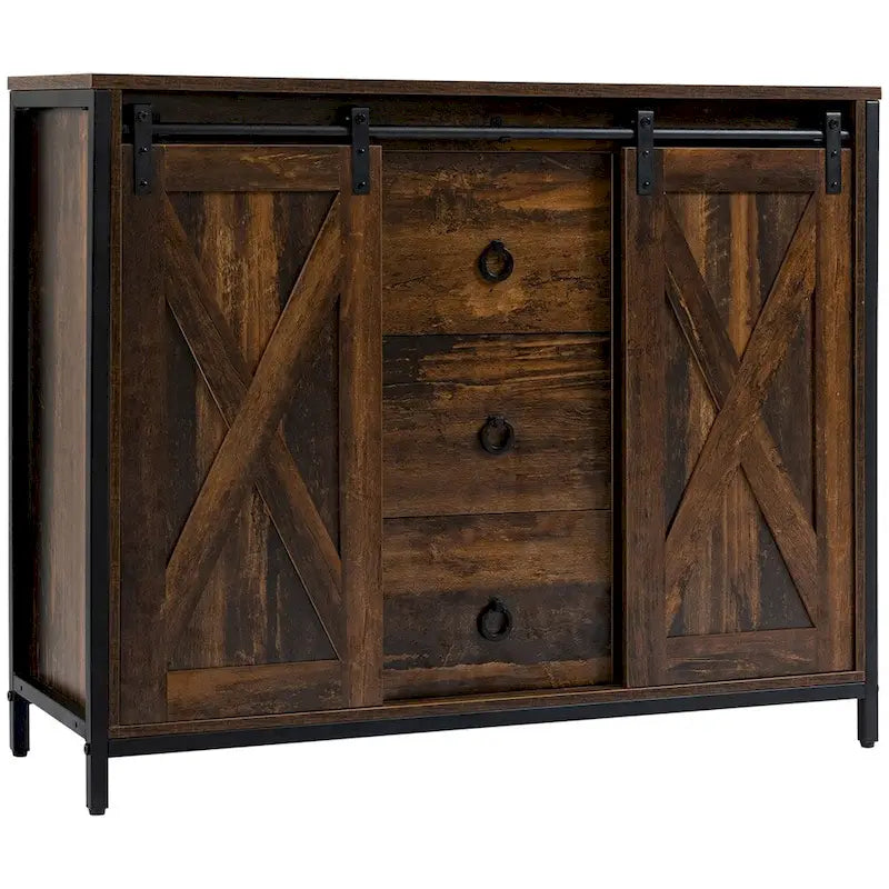 Buffet rustique marron de style ferme avec portes coulissantes façon grange et tiroirs