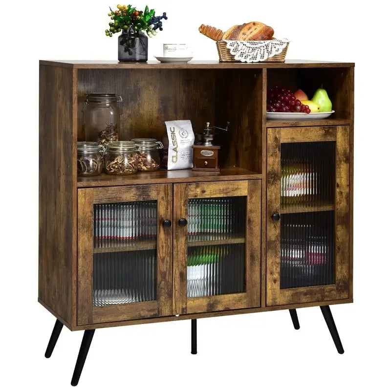 Meuble bas de buffet industriel marron rustique avec portes en verre ondulé