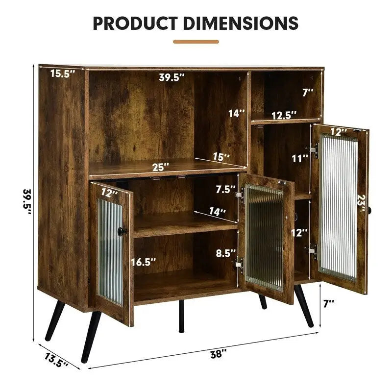 Meuble bas de buffet industriel marron rustique avec portes en verre ondulé