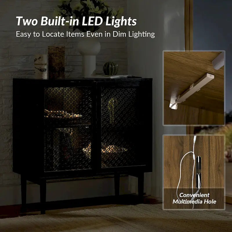 Meuble d'appoint 2 portes de 81 cm de haut avec lumières LED et portes creuses sculptées