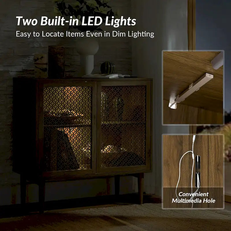 Meuble d'appoint 2 portes de 81 cm de haut avec lumières LED et portes creuses sculptées