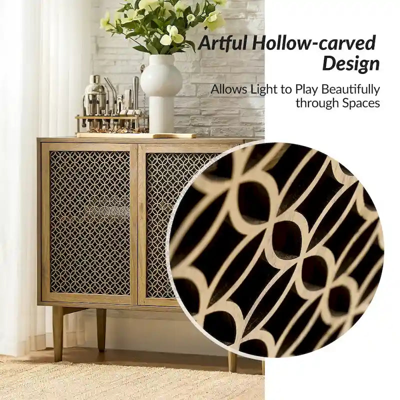 Meuble d'appoint 2 portes de 81 cm de haut avec lumières LED et portes creuses sculptées