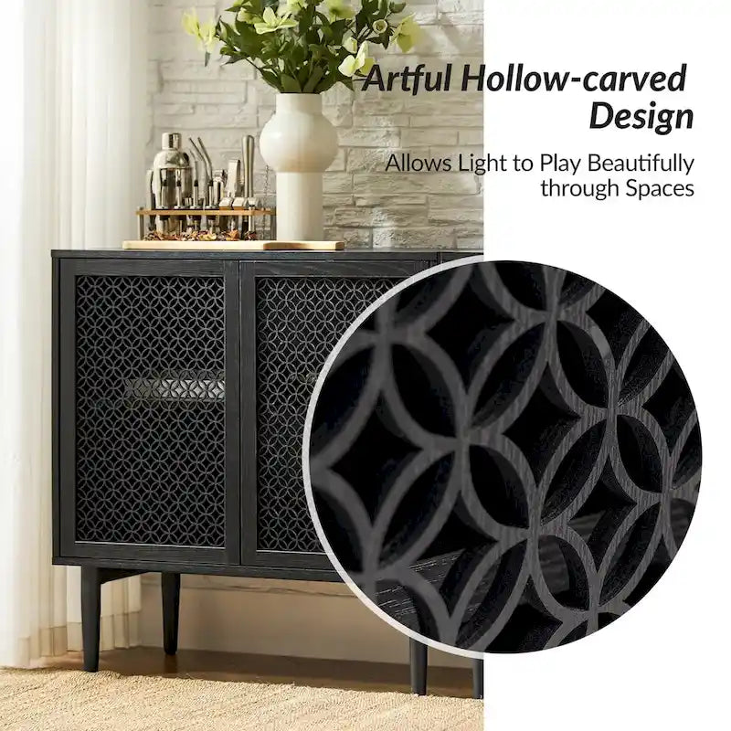 Meuble d'appoint 2 portes de 81 cm de haut avec lumières LED et portes creuses sculptées