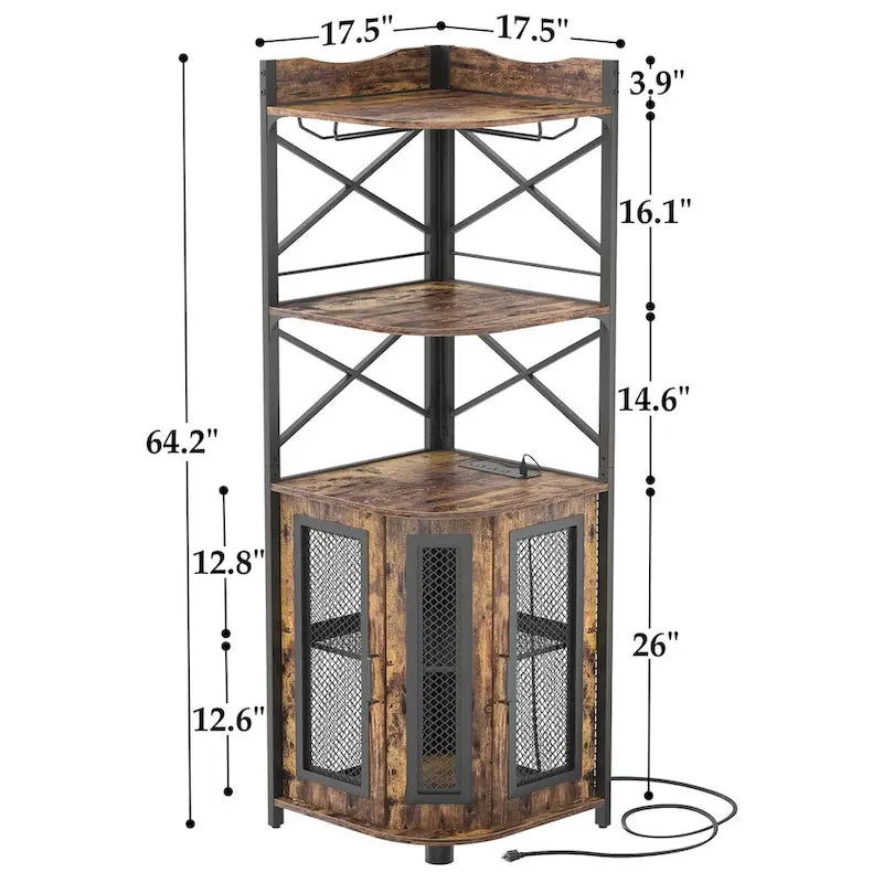 Meuble d'angle de bar marron rustique avec casier à vin et porte-verres