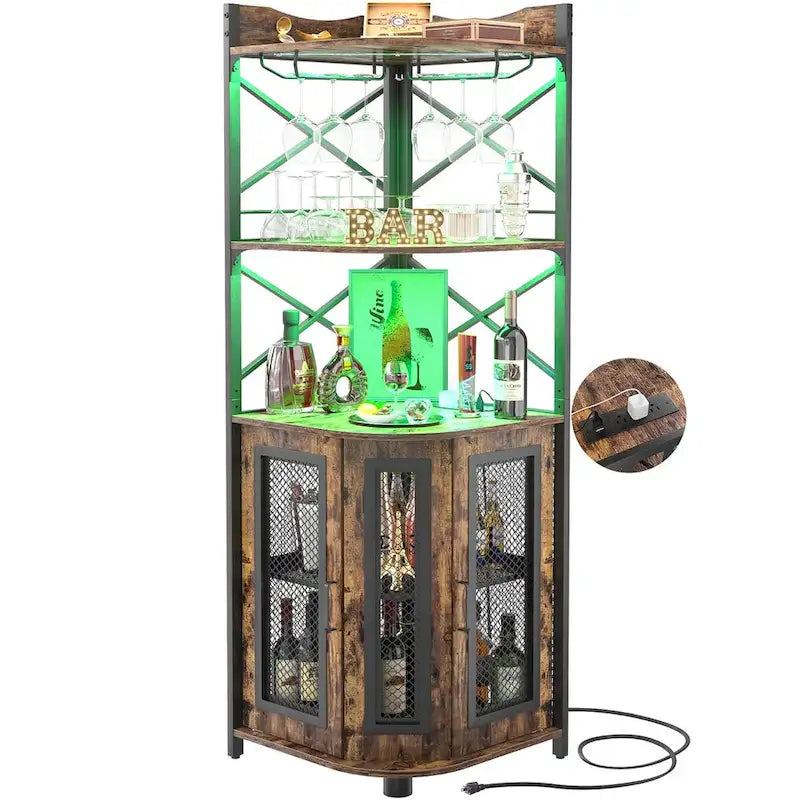 Meuble d'angle de bar marron rustique avec casier à vin et porte-verres