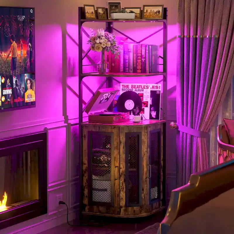 Meuble d'angle de bar marron rustique avec casier à vin et porte-verres