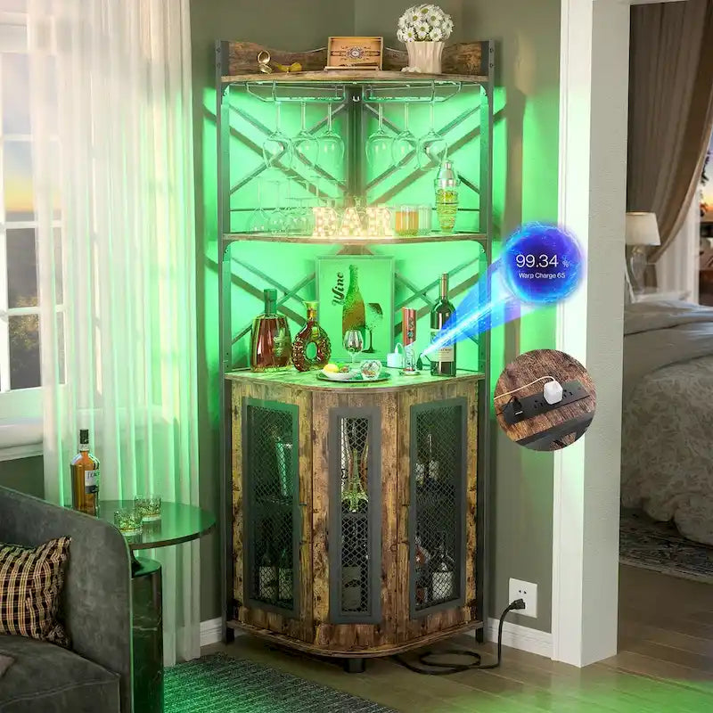Meuble d'angle de bar marron rustique avec casier à vin et porte-verres