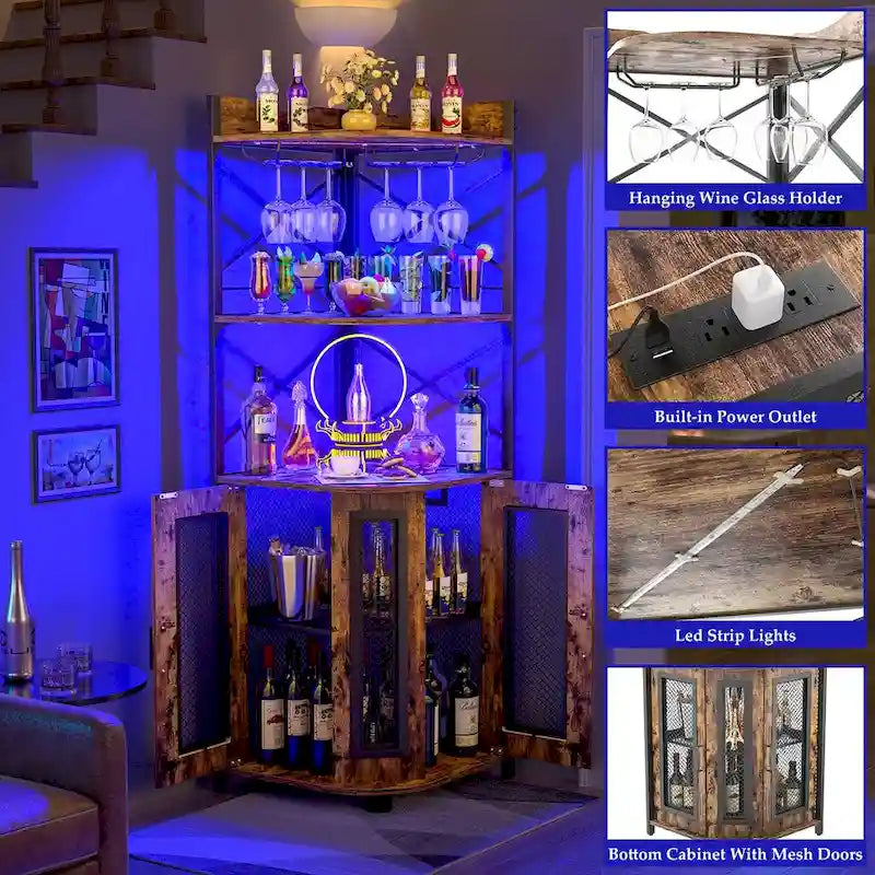 Meuble d'angle de bar marron rustique avec casier à vin et porte-verres