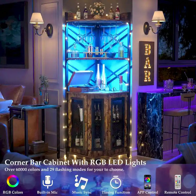 Meuble d'angle de bar marron rustique avec casier à vin et porte-verres