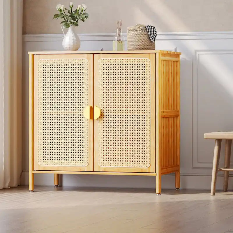 Buffet/bahut de rangement 2 portes en bambou et rotin naturel