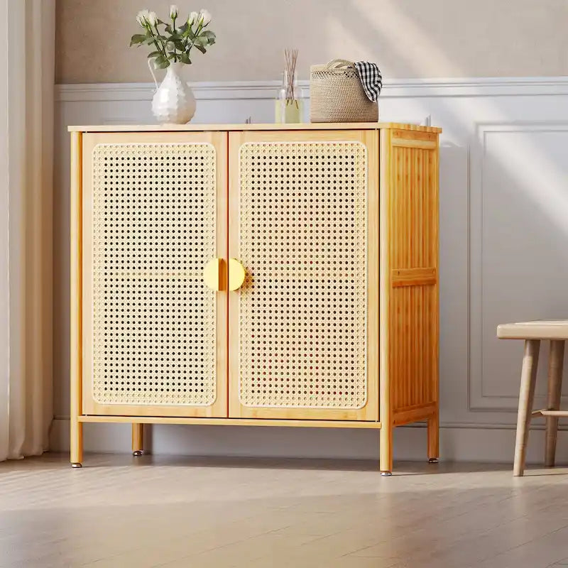 Buffet/bahut de rangement 2 portes en bambou et rotin naturel