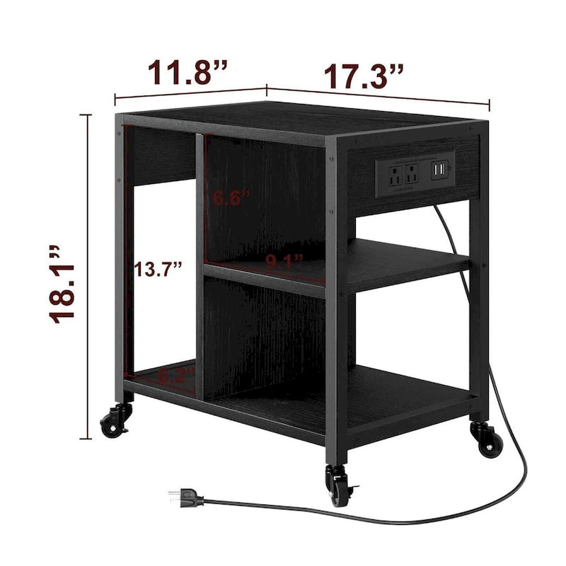 Meuble de rangement roulant à 3 niveaux noir pour imprimante avec multiprise intégrée et étagères de rangement