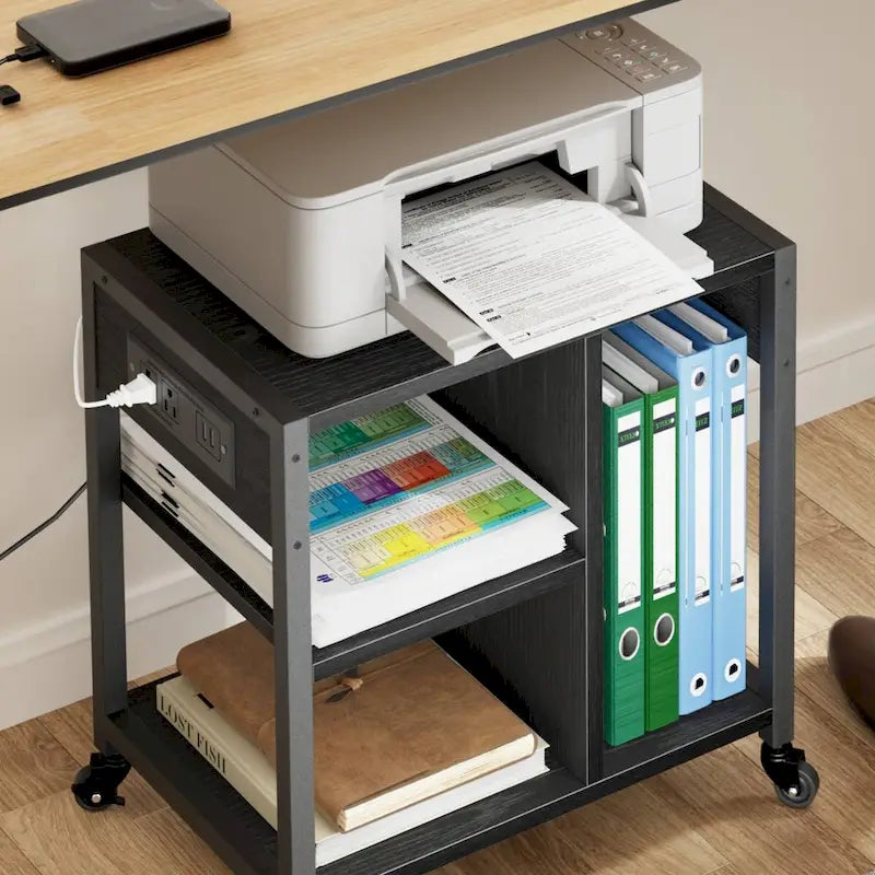 Meuble de rangement roulant à 3 niveaux noir pour imprimante avec multiprise intégrée et étagères de rangement