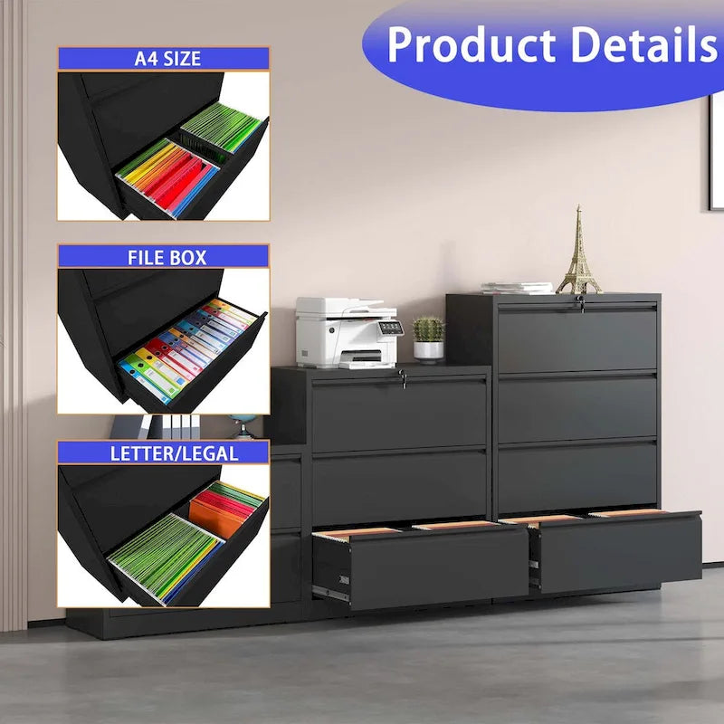 Classeur à 3 tiroirs en métal verrouillable, avec glissières à roulement à billes, noir ou blanc