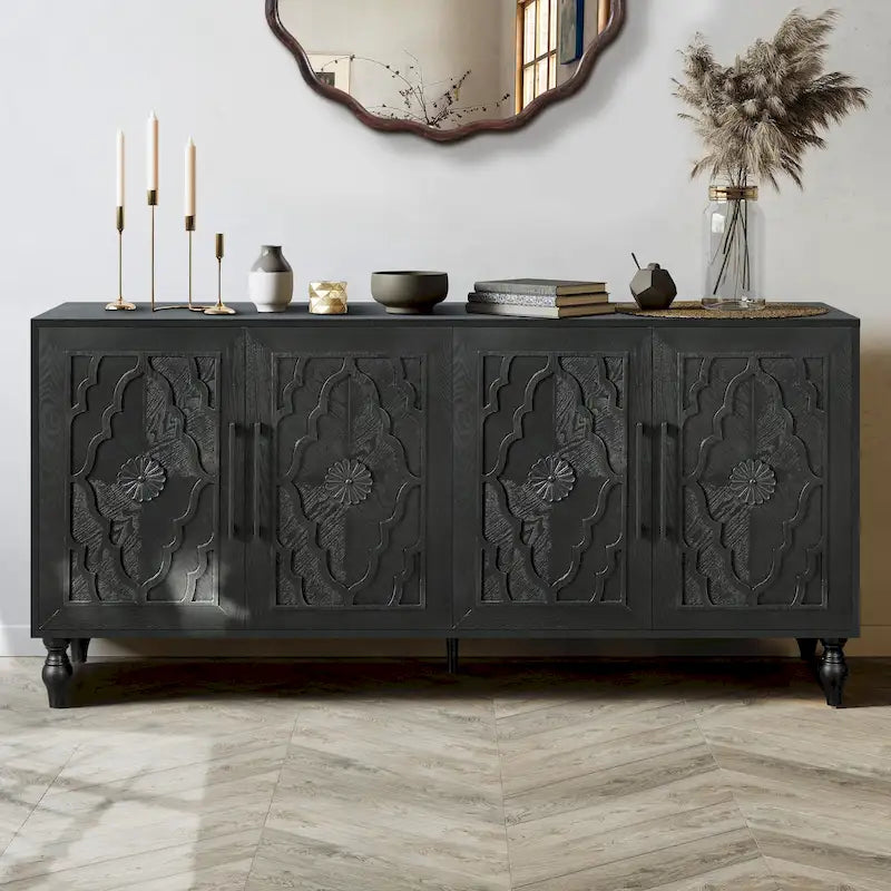Bahut de rangement en bois sculpté fleur style bohème 4 portes noir et marron
