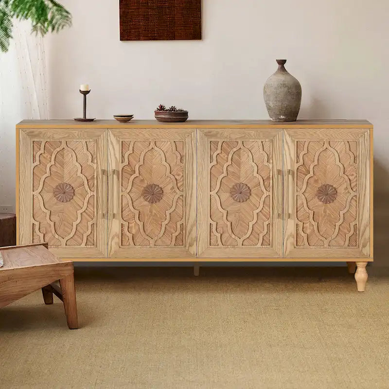 Bahut de rangement en bois sculpté fleur style bohème 4 portes noir et marron
