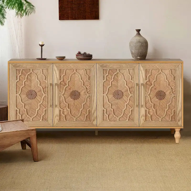 Carved Flower Door Cabinet With Metal Handle
